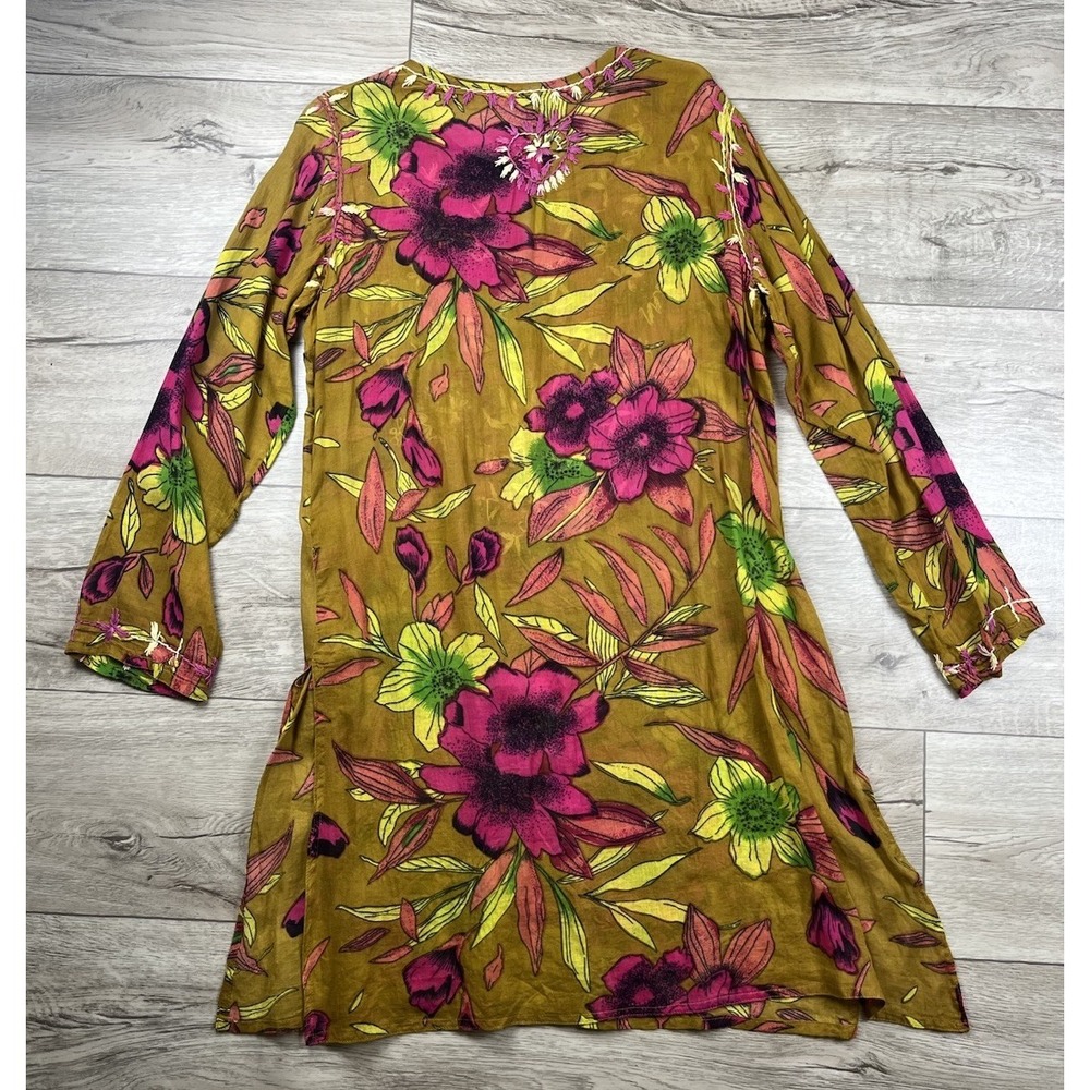 Raj Tunic Dress Women's Size Large Multi Color Floral Cotton Embroidered Kaftan - Picture 11 of 13